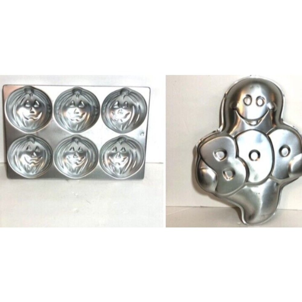 Wilton 2 pc. lot Halloween Cake Pans Ghost Boo Jack O Lantern Mini Pumpkins
